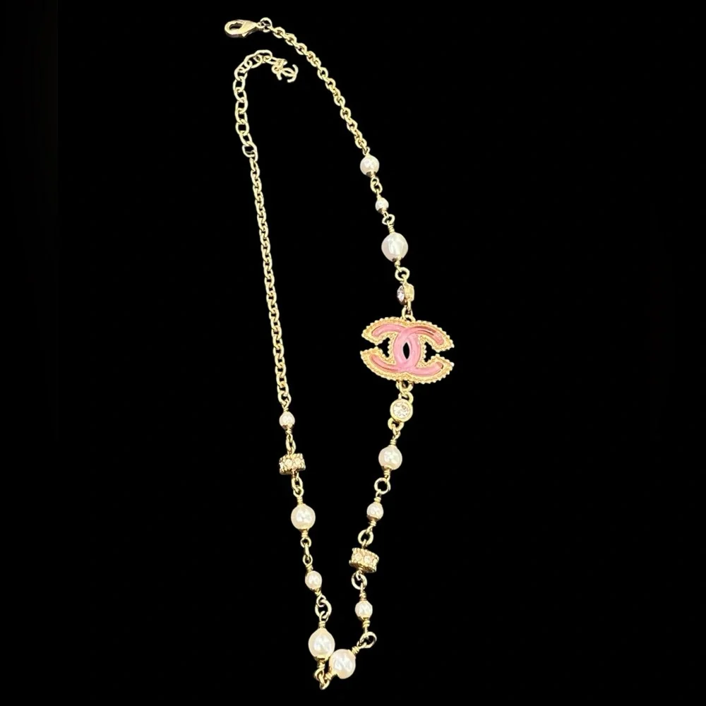 CHANEL Gold Chain Necklace with Pink Enamel CC Strass and Pearl Accents - Picture 5 of 9